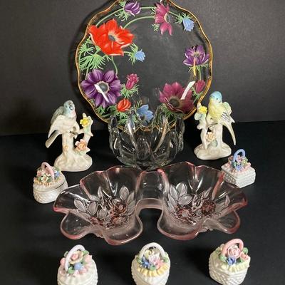 LOT 201: Lefton Floral Serving Plate, Vintage Blue Bird / Parakeet Bird Figurines, Art Vannes France Bowl, Rosella Pink Double Bowl and...