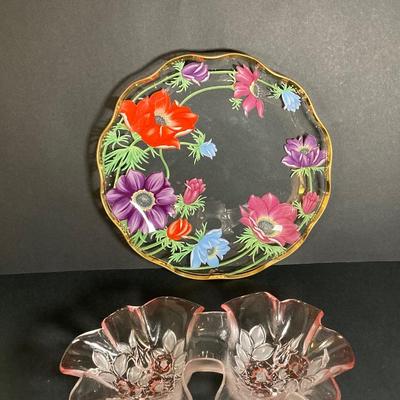 LOT 201: Lefton Floral Serving Plate, Vintage Blue Bird / Parakeet Bird Figurines, Art Vannes France Bowl, Rosella Pink Double Bowl and...