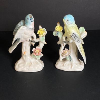 LOT 201: Lefton Floral Serving Plate, Vintage Blue Bird / Parakeet Bird Figurines, Art Vannes France Bowl, Rosella Pink Double Bowl and...