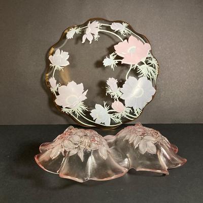 LOT 201: Lefton Floral Serving Plate, Vintage Blue Bird / Parakeet Bird Figurines, Art Vannes France Bowl, Rosella Pink Double Bowl and...