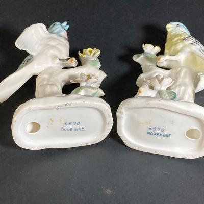 LOT 201: Lefton Floral Serving Plate, Vintage Blue Bird / Parakeet Bird Figurines, Art Vannes France Bowl, Rosella Pink Double Bowl and...