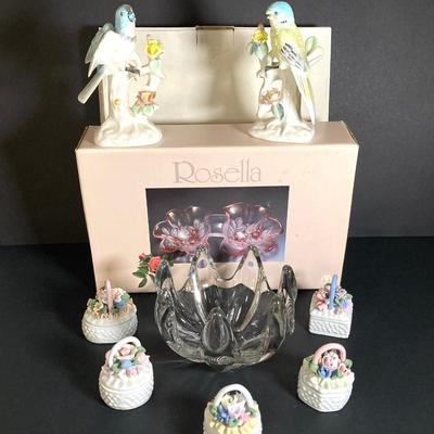 LOT 201: Lefton Floral Serving Plate, Vintage Blue Bird / Parakeet Bird Figurines, Art Vannes France Bowl, Rosella Pink Double Bowl and...