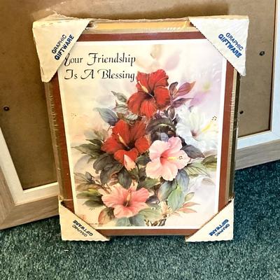 LOT 202: Large Home Decor Collection - Wicker Basket, Frames, Easel, Prints, Candles, Candle Holders and More