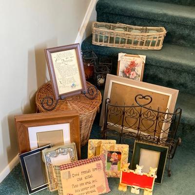 LOT 202: Large Home Decor Collection - Wicker Basket, Frames, Easel, Prints, Candles, Candle Holders and More