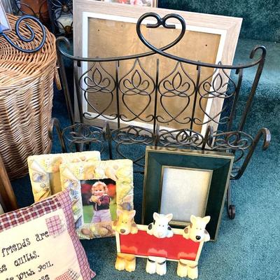 LOT 202: Large Home Decor Collection - Wicker Basket, Frames, Easel, Prints, Candles, Candle Holders and More