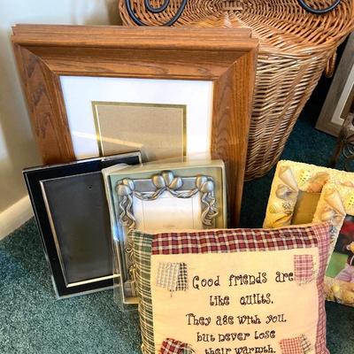 LOT 202: Large Home Decor Collection - Wicker Basket, Frames, Easel, Prints, Candles, Candle Holders and More