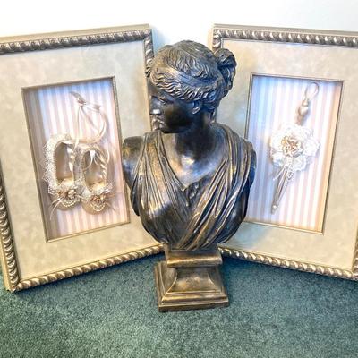 LOT 203: Decorative Resin Bust / Statue and Pair of Artex Inc. Shadow Boxes
