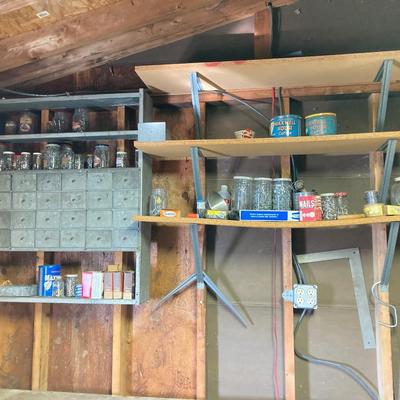 LOT 204: Large Galvanized Hardware Storage / Organizer with Contents, Including Items on Two Shelves
