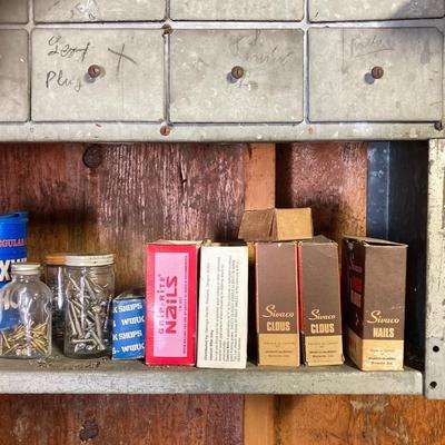 LOT 204: Large Galvanized Hardware Storage / Organizer with Contents, Including Items on Two Shelves