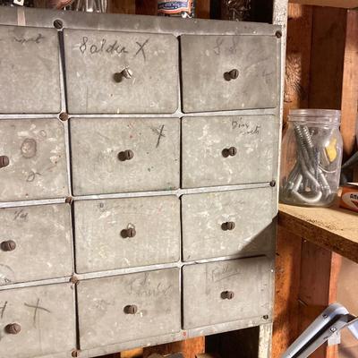 LOT 204: Large Galvanized Hardware Storage / Organizer with Contents, Including Items on Two Shelves