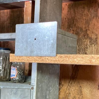 LOT 204: Large Galvanized Hardware Storage / Organizer with Contents, Including Items on Two Shelves