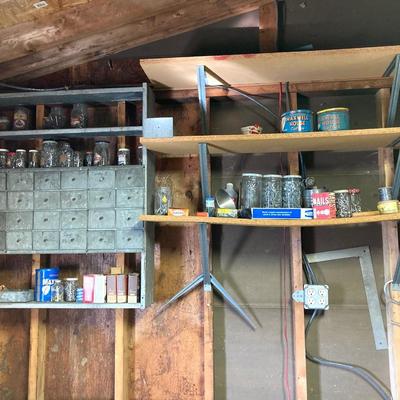 LOT 204: Large Galvanized Hardware Storage / Organizer with Contents, Including Items on Two Shelves