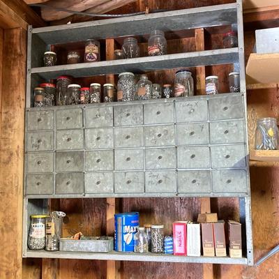 LOT 204: Large Galvanized Hardware Storage / Organizer with Contents, Including Items on Two Shelves