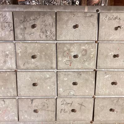 LOT 204: Large Galvanized Hardware Storage / Organizer with Contents, Including Items on Two Shelves