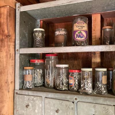 LOT 204: Large Galvanized Hardware Storage / Organizer with Contents, Including Items on Two Shelves