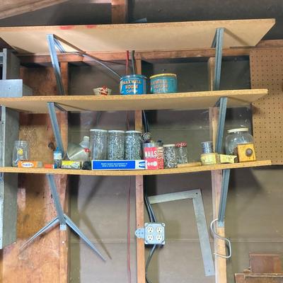 LOT 204: Large Galvanized Hardware Storage / Organizer with Contents, Including Items on Two Shelves