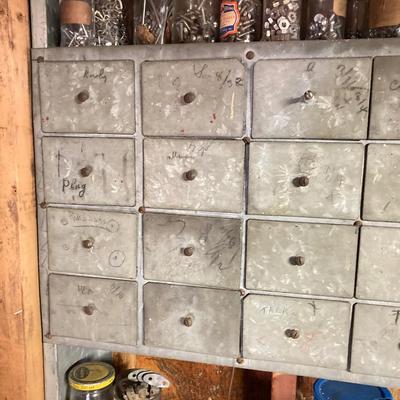 LOT 204: Large Galvanized Hardware Storage / Organizer with Contents, Including Items on Two Shelves