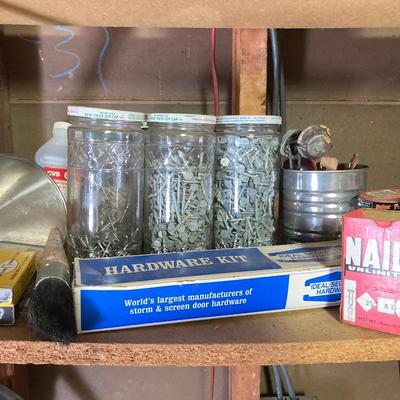 LOT 204: Large Galvanized Hardware Storage / Organizer with Contents, Including Items on Two Shelves