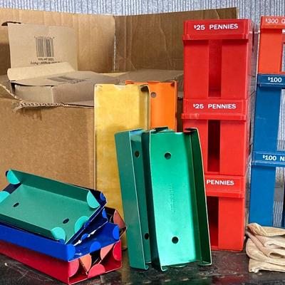 LOT 207: Large Lot of Currency Holders / Wrappers, Vintage Money Bags, Tape Dispenser and Rolls of Tape