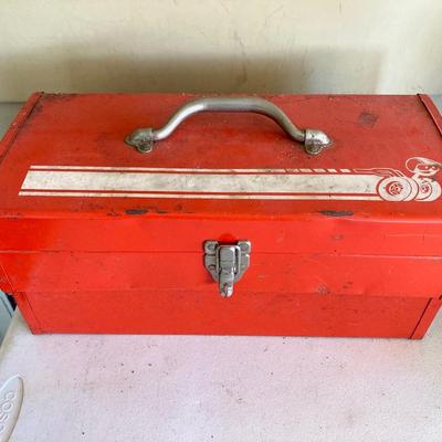 LOT 208: Two Vintage Metal Toolboxes with Contents - Red Mopar Dodge and Olive Drab