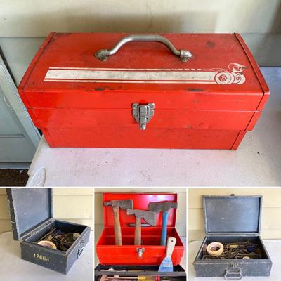 LOT 208: Two Vintage Metal Toolboxes with Contents - Red Mopar Dodge and Olive Drab