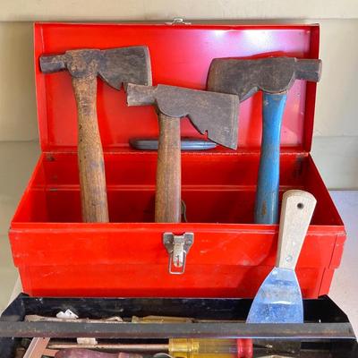 LOT 208: Two Vintage Metal Toolboxes with Contents - Red Mopar Dodge and Olive Drab