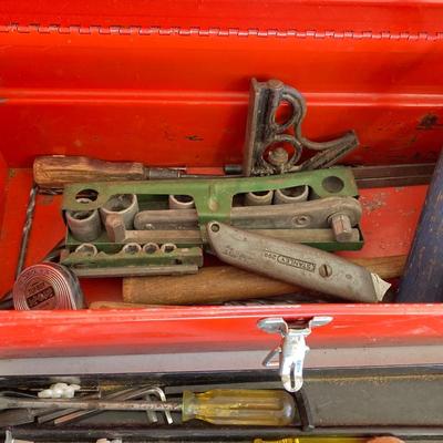 LOT 208: Two Vintage Metal Toolboxes with Contents - Red Mopar Dodge and Olive Drab
