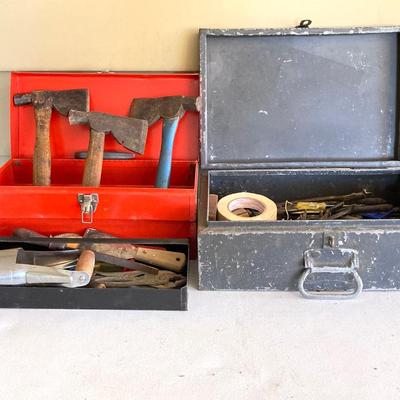 LOT 208: Two Vintage Metal Toolboxes with Contents - Red Mopar Dodge and Olive Drab