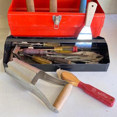LOT 208: Two Vintage Metal Toolboxes with Contents - Red Mopar Dodge and Olive Drab