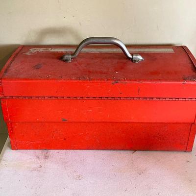LOT 208: Two Vintage Metal Toolboxes with Contents - Red Mopar Dodge and Olive Drab