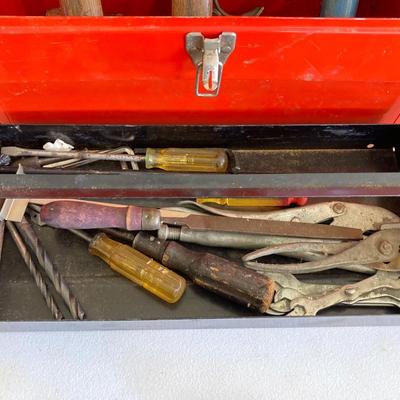LOT 208: Two Vintage Metal Toolboxes with Contents - Red Mopar Dodge and Olive Drab