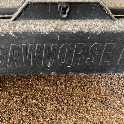 LOT 212: Galvanized Storage Container with Pair of Plastic Workforce Sawhorses