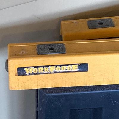 LOT 212: Galvanized Storage Container with Pair of Plastic Workforce Sawhorses