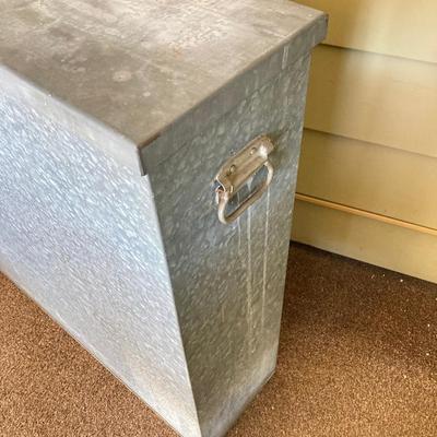 LOT 212: Galvanized Storage Container with Pair of Plastic Workforce Sawhorses