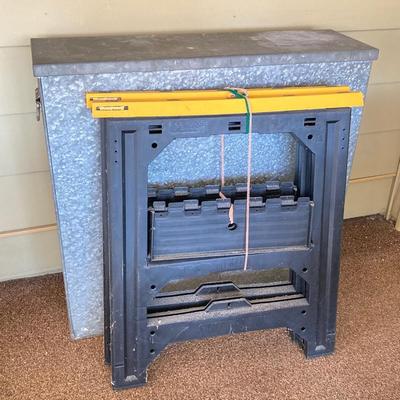 LOT 212: Galvanized Storage Container with Pair of Plastic Workforce Sawhorses