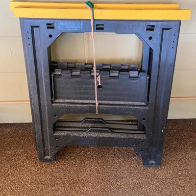 LOT 212: Galvanized Storage Container with Pair of Plastic Workforce Sawhorses