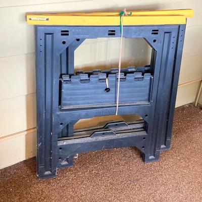 LOT 212: Galvanized Storage Container with Pair of Plastic Workforce Sawhorses