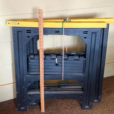 LOT 212: Galvanized Storage Container with Pair of Plastic Workforce Sawhorses