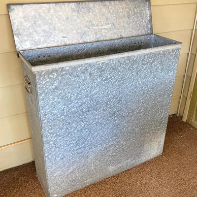 LOT 212: Galvanized Storage Container with Pair of Plastic Workforce Sawhorses