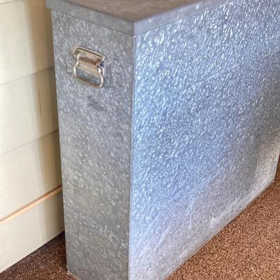 LOT 212: Galvanized Storage Container with Pair of Plastic Workforce Sawhorses