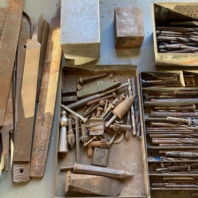 LOT 213: The Globe-Wernicke Co. Metal Horizontal Storage Unit with Contents of Large Tool Lot (Files, Drill Bits, Chisels and More)
