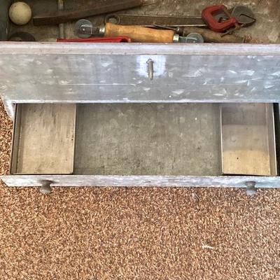 LOT 214: Vintage Galvanized Toolbox with Slide Out Drawer and Contents
