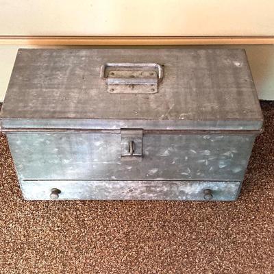 LOT 214: Vintage Galvanized Toolbox with Slide Out Drawer and Contents