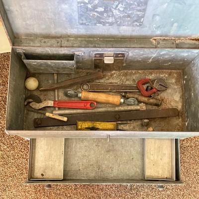 LOT 214: Vintage Galvanized Toolbox with Slide Out Drawer and Contents
