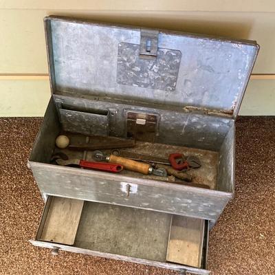 LOT 214: Vintage Galvanized Toolbox with Slide Out Drawer and Contents