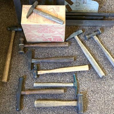 LOT 216: Craftsman Miter Cut-N-Clamp Set in Original Box with Large Collection of Hammers, Metal Square Angle Rulers and More