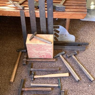 LOT 216: Craftsman Miter Cut-N-Clamp Set in Original Box with Large Collection of Hammers, Metal Square Angle Rulers and More