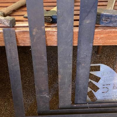 LOT 216: Craftsman Miter Cut-N-Clamp Set in Original Box with Large Collection of Hammers, Metal Square Angle Rulers and More