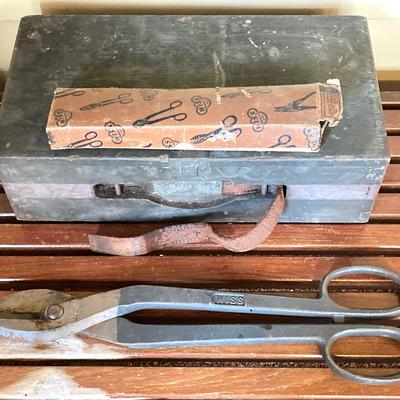 LOT 217: Vintage / Antique Tools - Metal Stamping, Wiss Shears / Cutters, Pexto / Kraeuter Rivet Burr Tools, Copper Chains, Molding Plane...