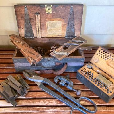 LOT 217: Vintage / Antique Tools - Metal Stamping, Wiss Shears / Cutters, Pexto / Kraeuter Rivet Burr Tools, Copper Chains, Molding Plane...